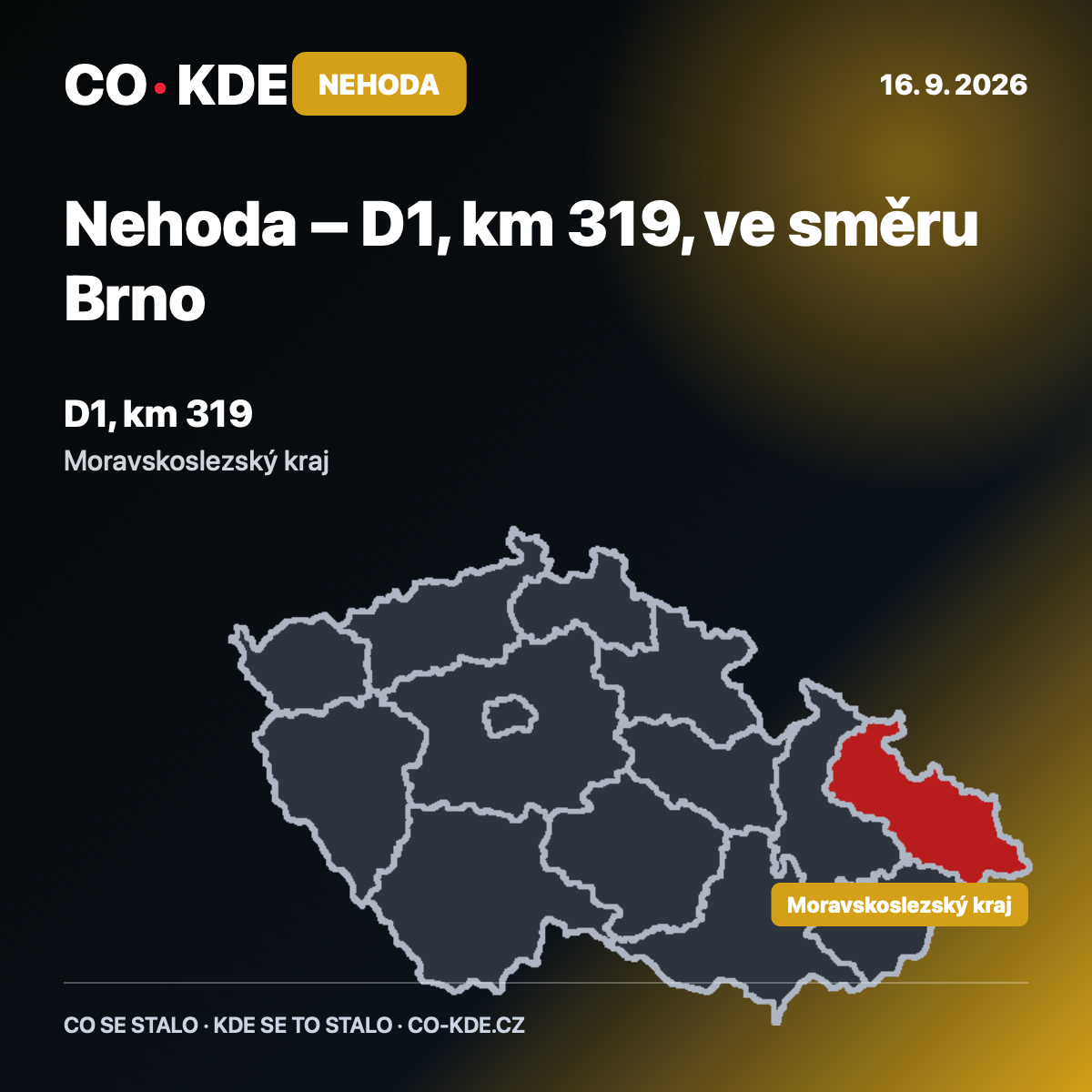 CO·KDE · Nehoda – D1, km 319, ve směru Brno